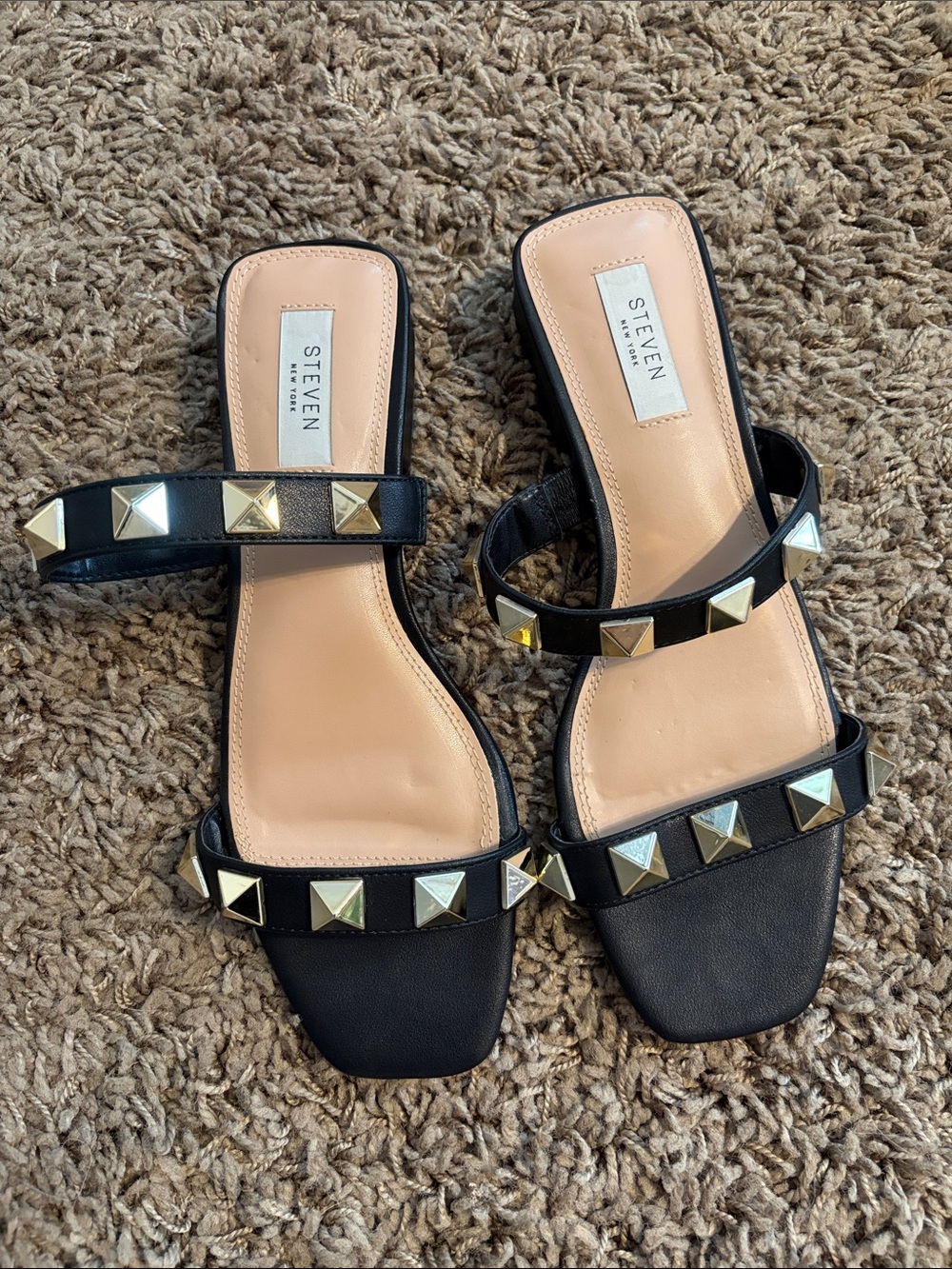 Steven By Steve Madden Black Pyramid Stud Double-Strap Slide Mules